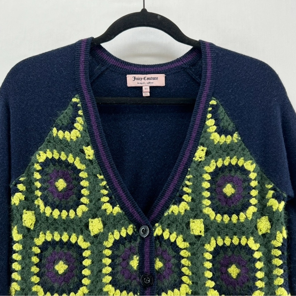 Juicy Couture Sweater Womens XS Crochet Granny Square Cardigan Retro Navy Green - Picture 10 of 12